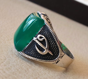 ottoman green onyx agate aqeeq sterling silver 925 antique men ring arabic waw vav jewelry any size free shipping natural  rectangular stone