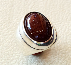 aqeeq natural liver agate carnelian semi precious stone oval red gem heavy man ring sterling silver arabic middle eastern turkey style