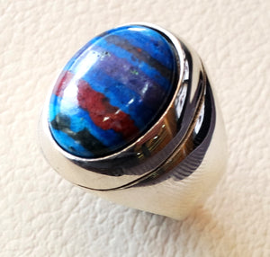 natural rainbow Calsilica colorful semi precious stone sterling silver heavy man ring any size blue red purple light dark high quality gem