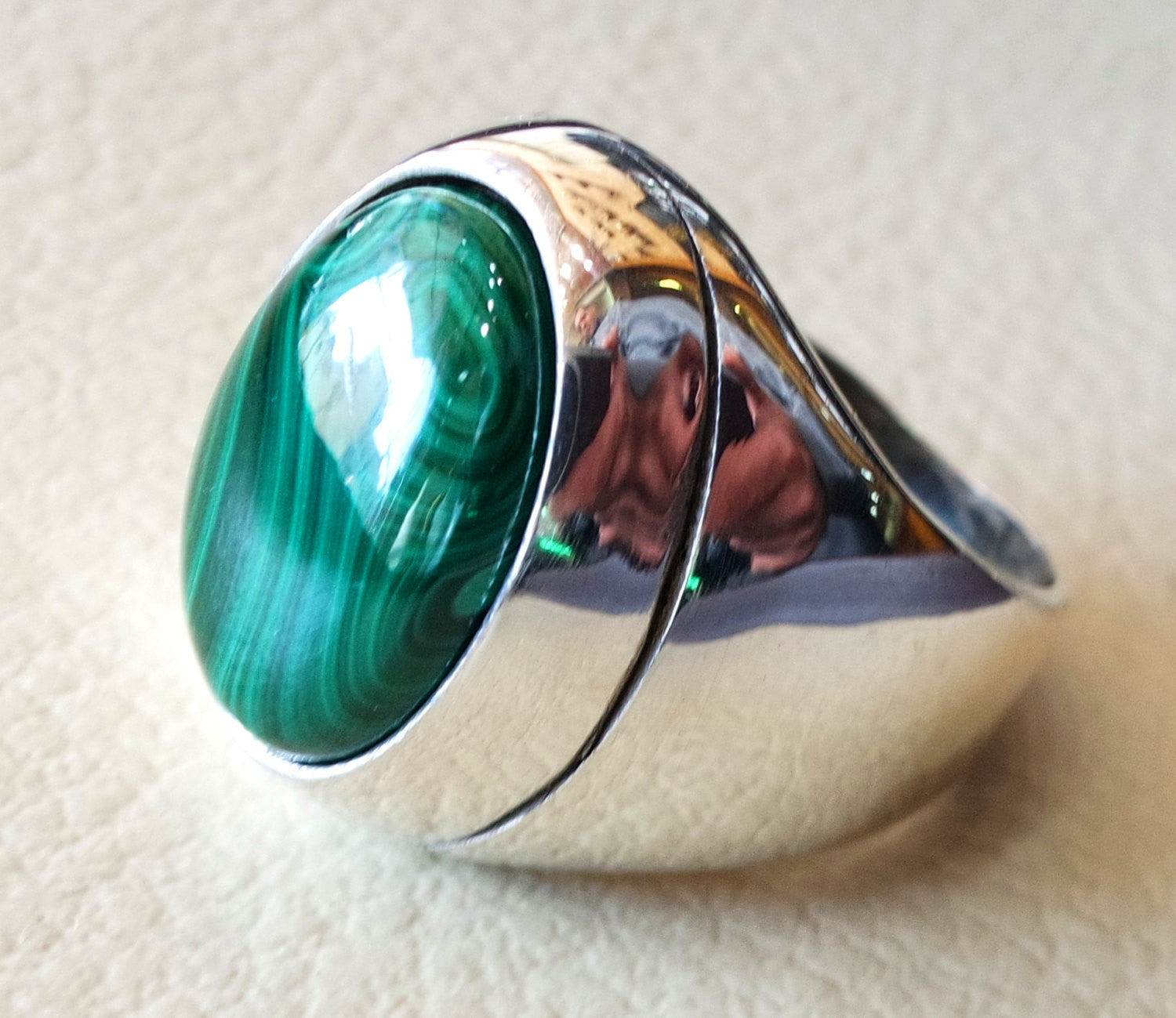 huge malachite natural green stone sterling silver 925 ring jewelry eastern turkish arabic style oval semi precious cabochon fast shipping