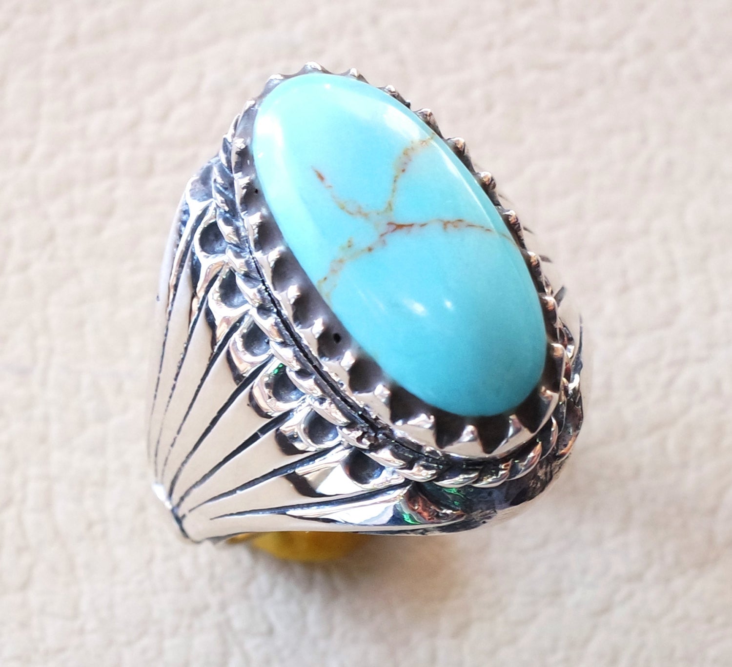 Turquoise natural elongated oval stone blue gem man heavy ring