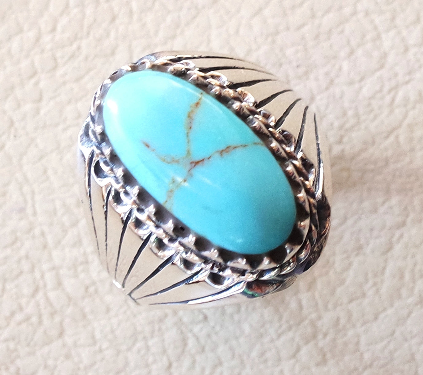 Turquoise natural elongated oval stone blue gem man heavy ring sterling silver antique ottoman turkey style fast shipping men gift all sizes