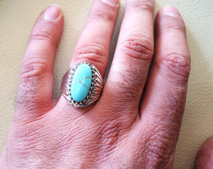 Turquoise natural elongated oval stone blue gem man heavy ring sterling silver antique ottoman turkey style fast shipping men gift all sizes