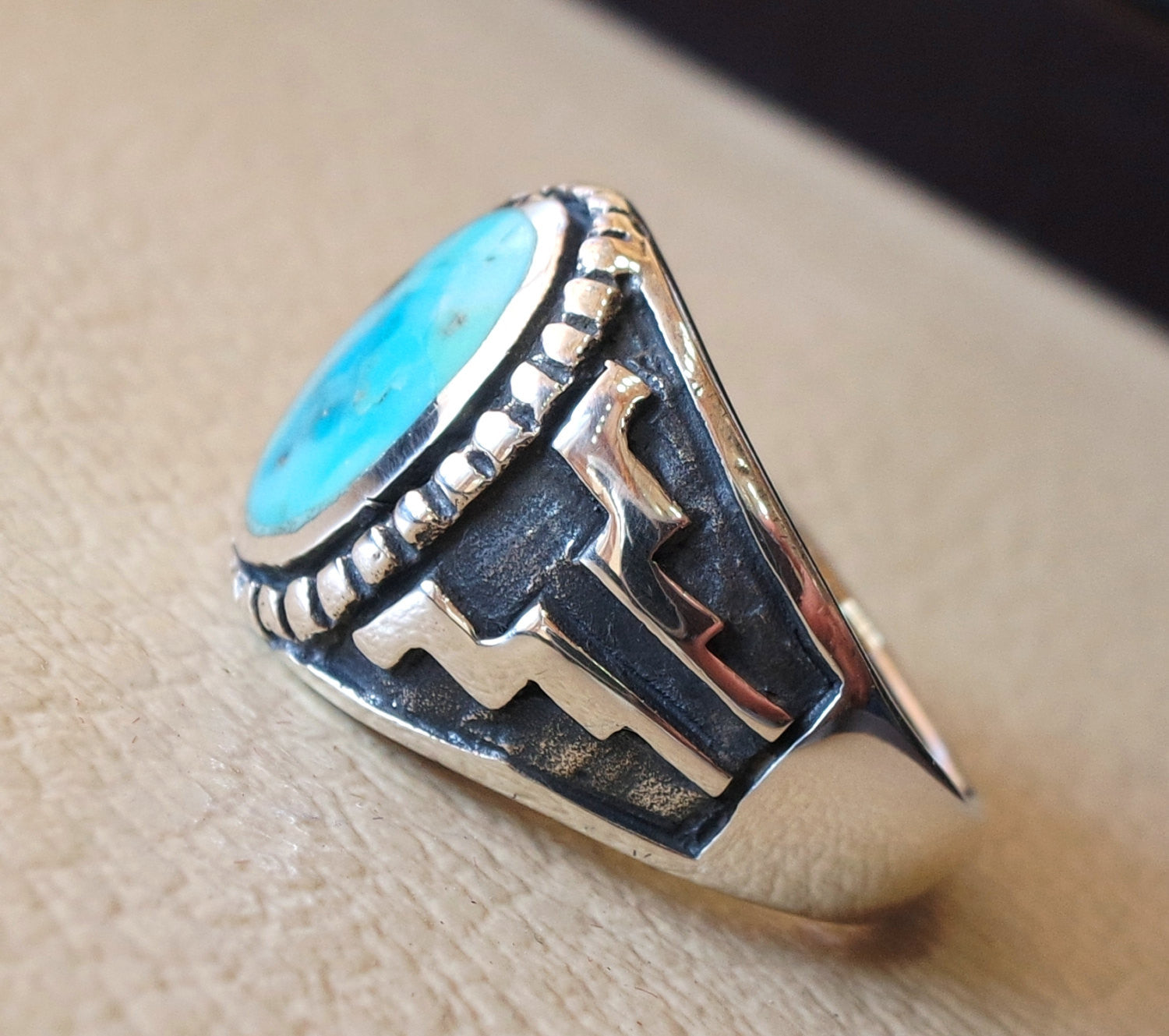 restructured natural turquoise oval blue stone sterling silver 925 man ring  any size  middle eastern ottoman style jewelry