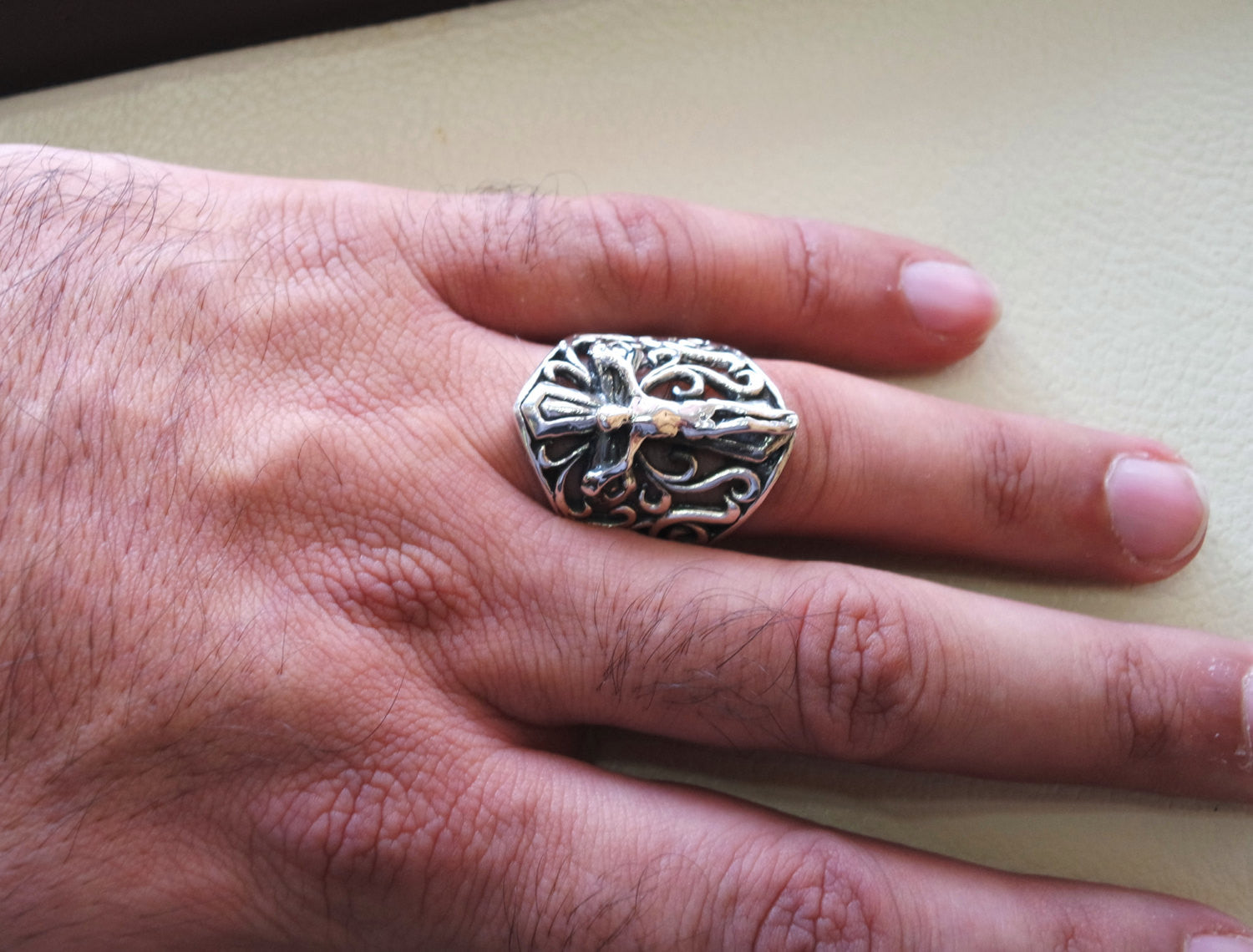 cross jesus christ christian sterling silver 925 heavy huge man ring jewelry fast shipping biker style all sizes