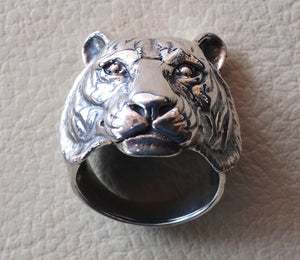 huge bengal tiger very heavy sterling silver 925 man biker ring all sizes handmade animal head jewelry fast shipping detailed craftsmanship