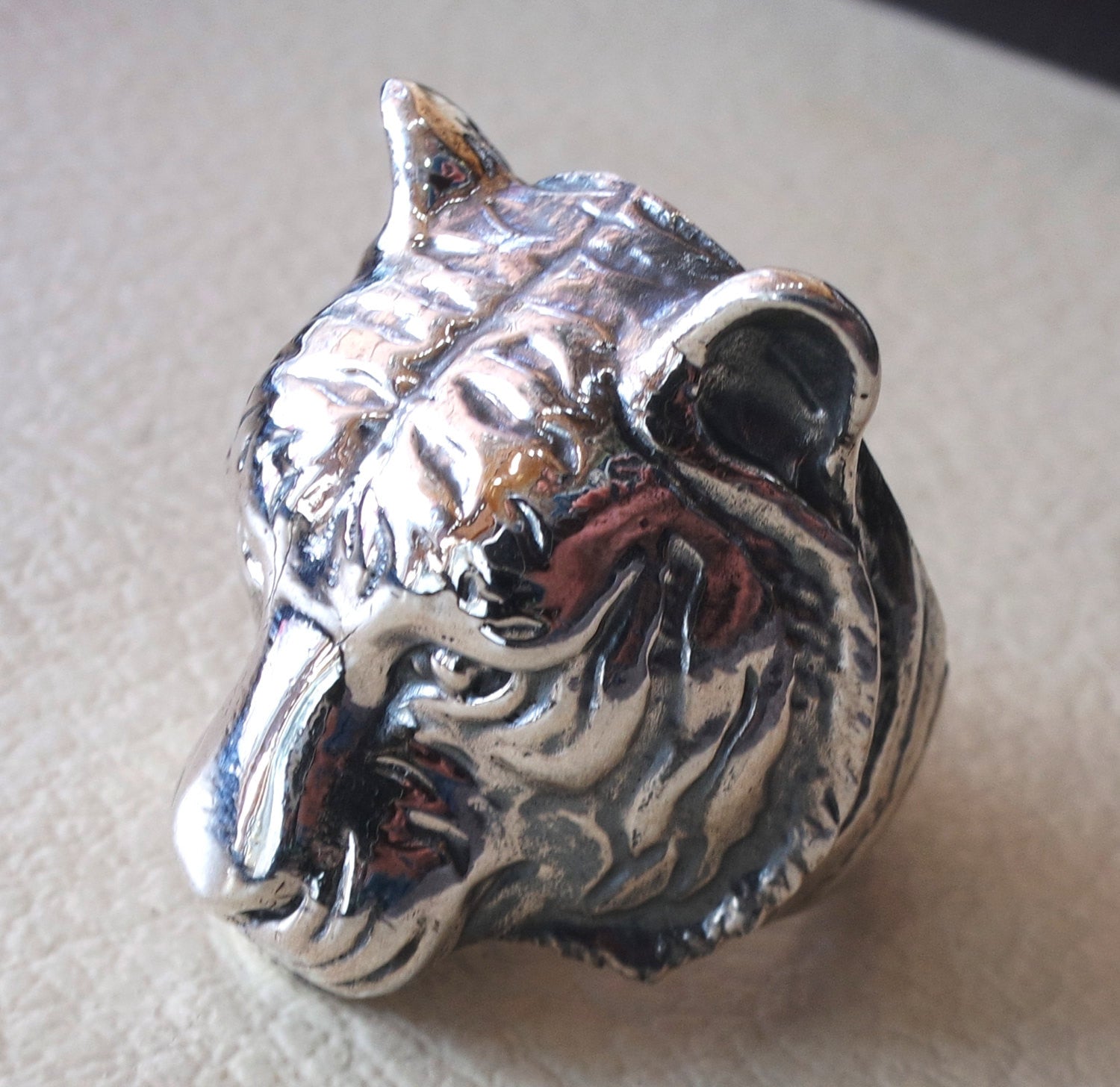 huge bengal tiger very heavy sterling silver 925 man biker ring all sizes handmade animal head jewelry fast shipping detailed craftsmanship