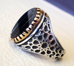 striped natural onyx agate black flat stone sterling silver 925 men ring arabic turkish ottoman style all sizes jewelry with bronze frame