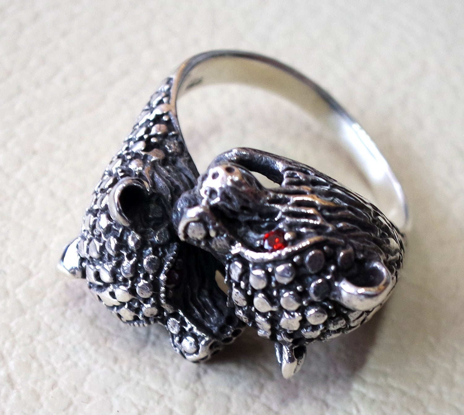 Two headed tiger panther heavy sterling silver 925 man biker ring all sizes handmade animal jewelry free red ruby eyes craftsmanship