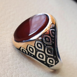 aqeeq men ring sterling silver 925 high quality agate carnelian oval red orange stone  jewelry any size antique arab style bronze frame