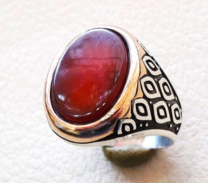 aqeeq men ring sterling silver 925 high quality agate carnelian oval red orange stone  jewelry any size antique arab style bronze frame