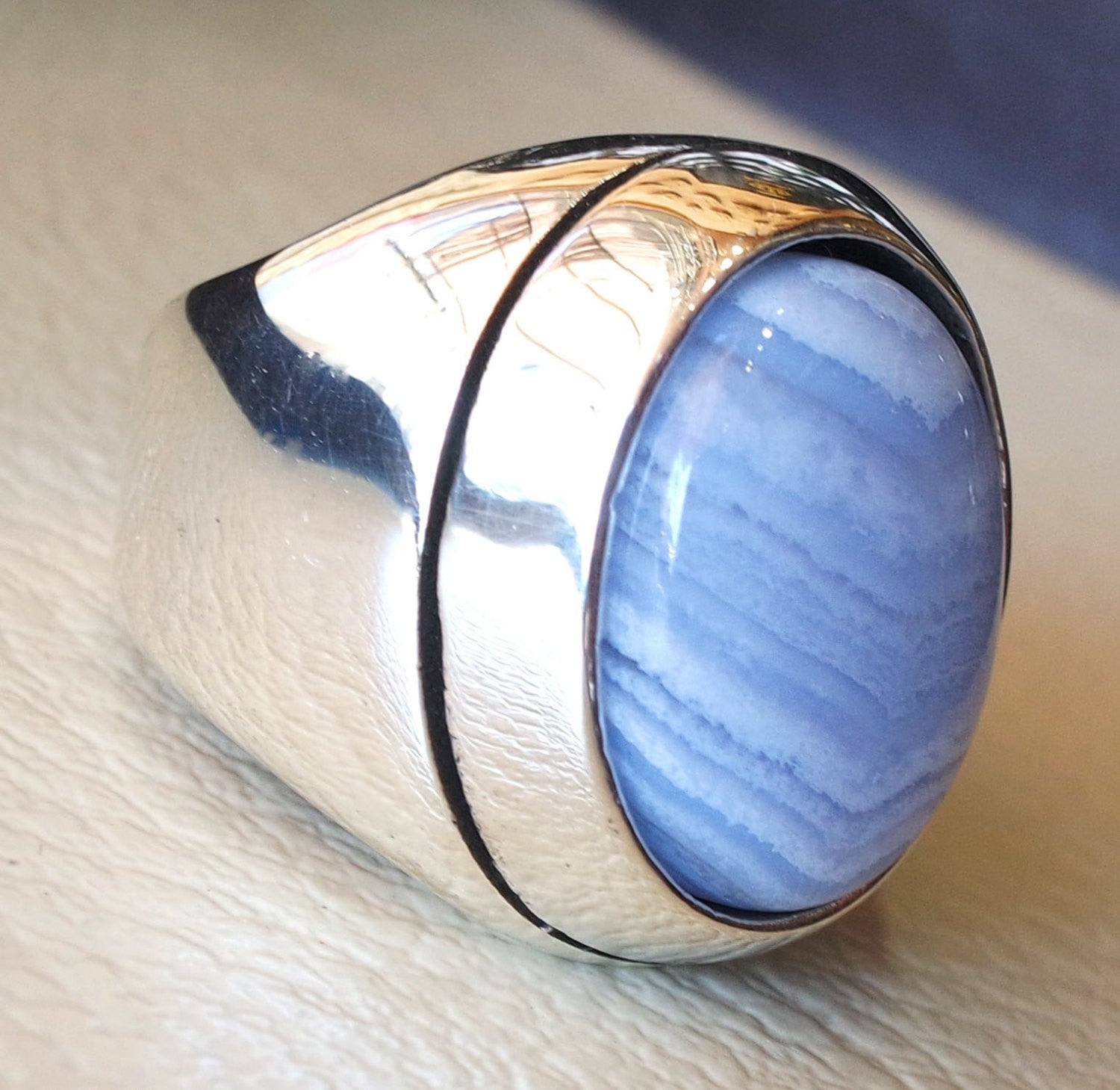 blue lace agate natural stone silver 925 huge men ring vintage arabic turkish ottoman antique style man jewelry oval cabochon all sizes