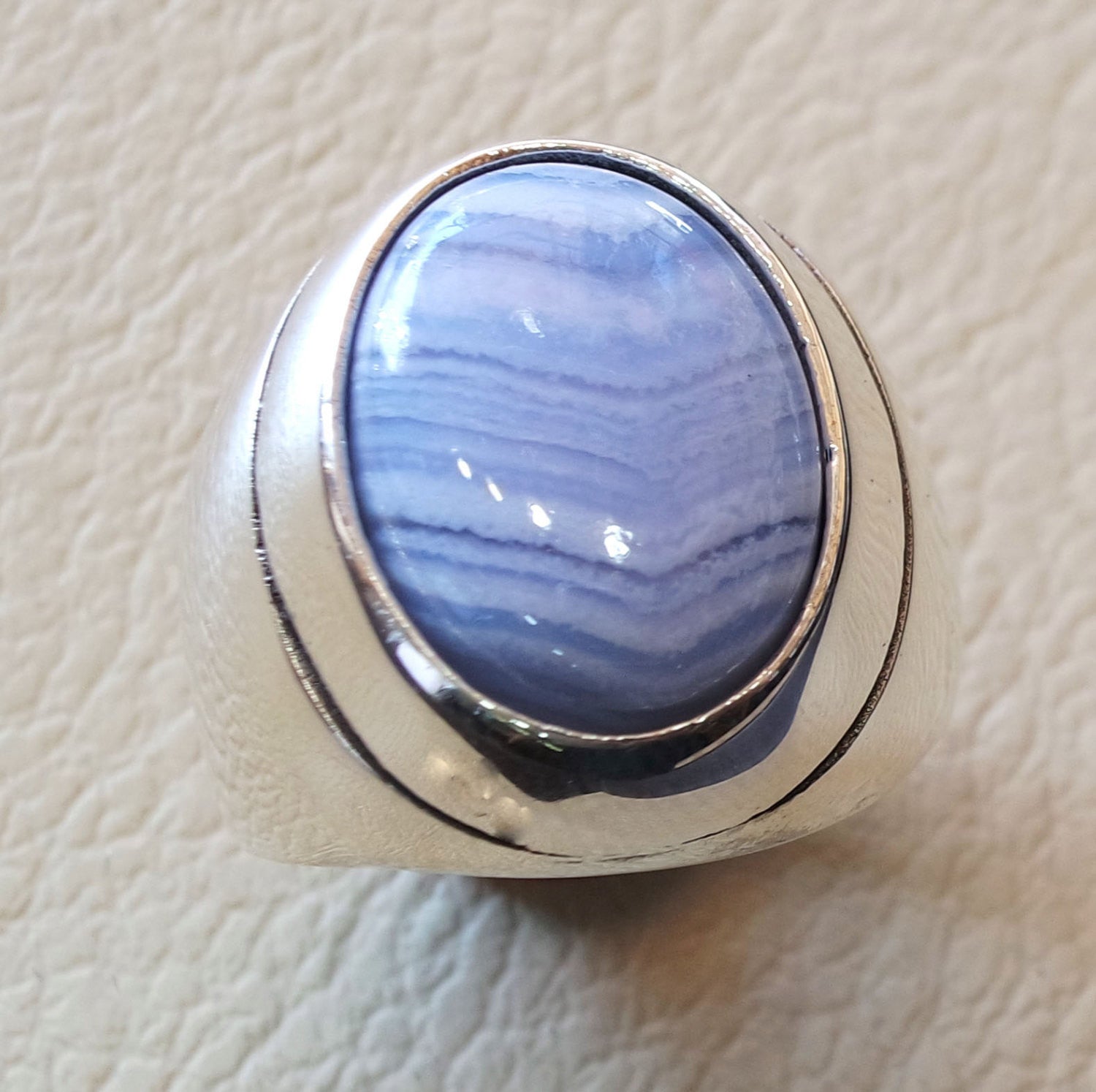 blue lace agate natural stone silver 925 huge men ring vintage arabic turkish ottoman antique style man jewelry oval cabochon all sizes