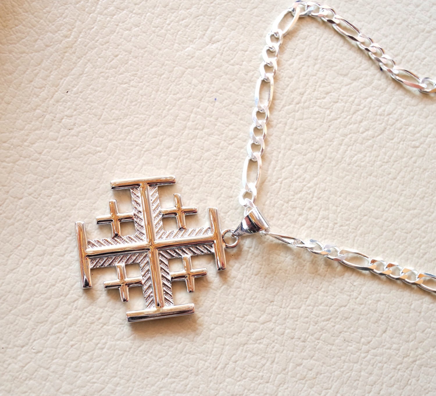 Jerusalem cross pendant with heavy chain sterling silver 925 middle eastern jewelry christianity vintage handmade heavy fast shipping