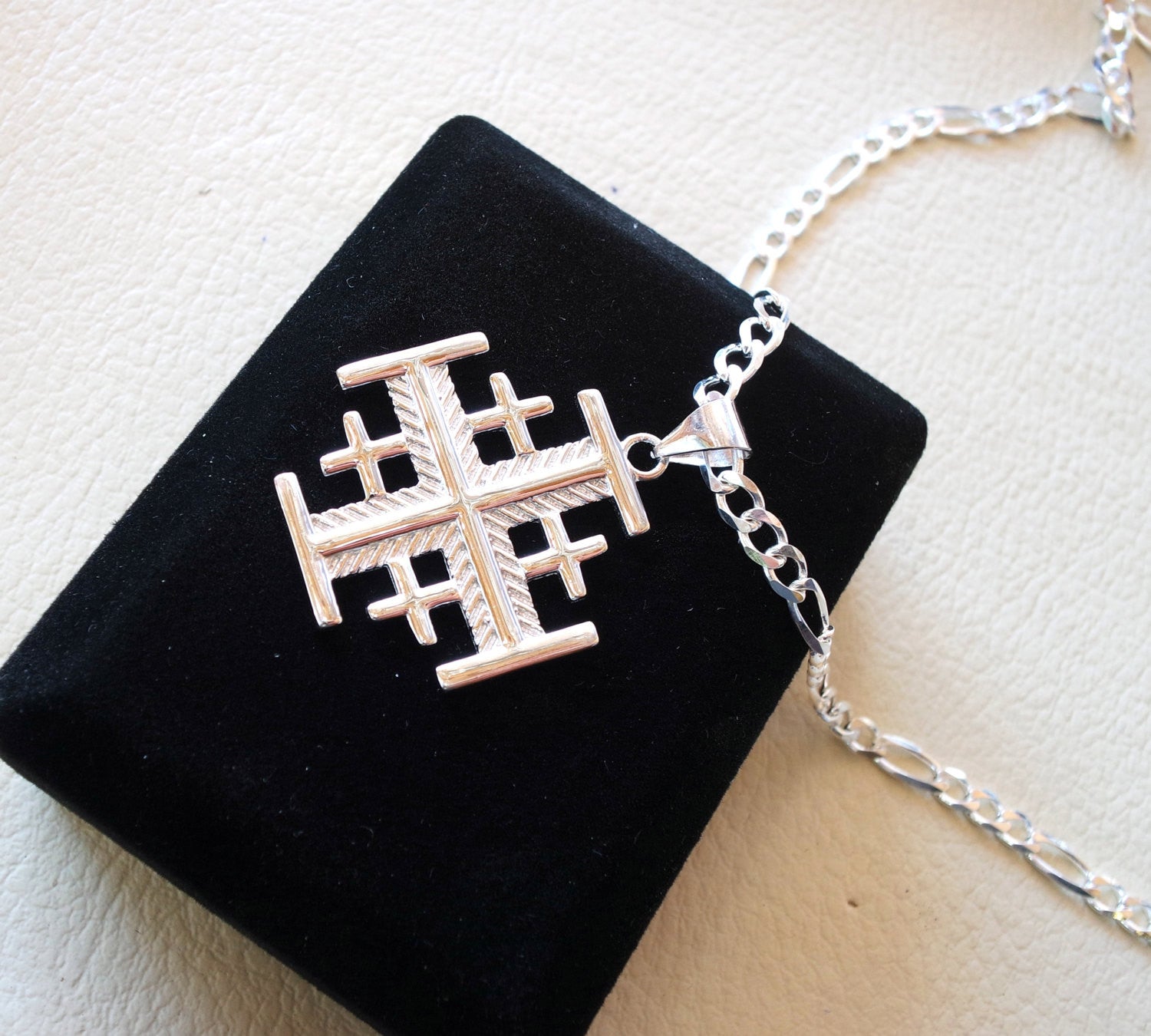 Jerusalem cross pendant with heavy chain sterling silver 925 middle eastern jewelry christianity vintage handmade heavy fast shipping
