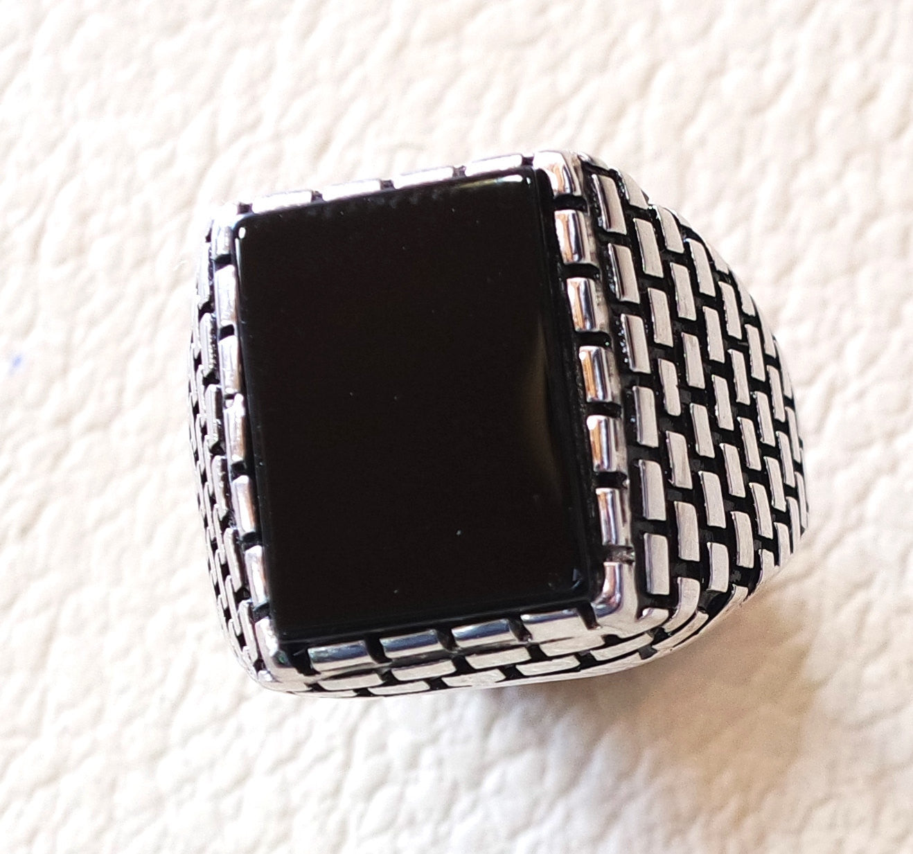 men's ring black natural rectangular flat onyx black agate aqeeq sterling silver 925 all size brick  building style fast shipping