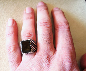 men's ring black natural rectangular flat onyx black agate aqeeq sterling silver 925 all size brick  building style fast shipping