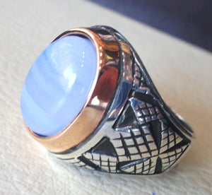 blue lace agate natural stone silver 925 huge men ring arabic turkish ottoman antique style man jewelry oval cabochon bronze frame all sizes
