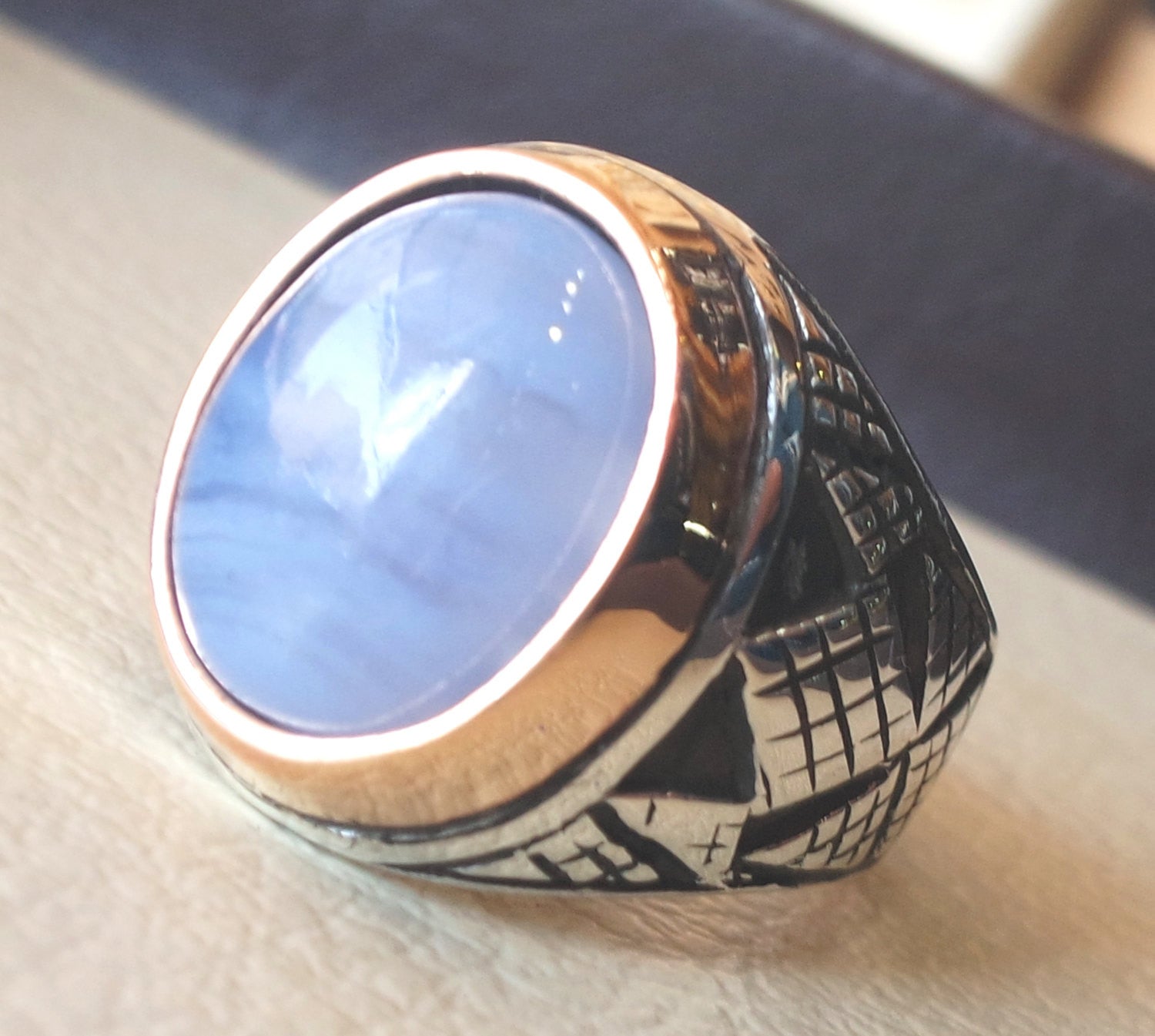 blue lace agate natural stone silver 925 huge men ring arabic turkish ottoman antique style man jewelry oval cabochon bronze frame all sizes