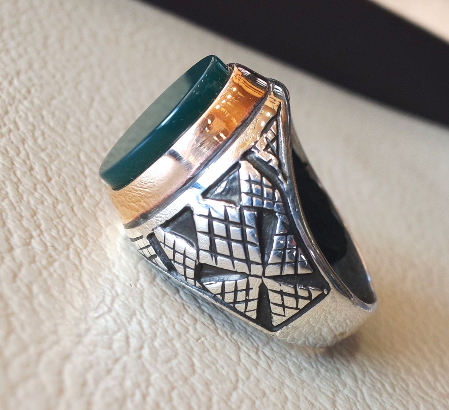 green agate aqeeq sterling silver 925 vintage antique men ring arabic ottoman style jewelry any size fast shipping oval stone gem