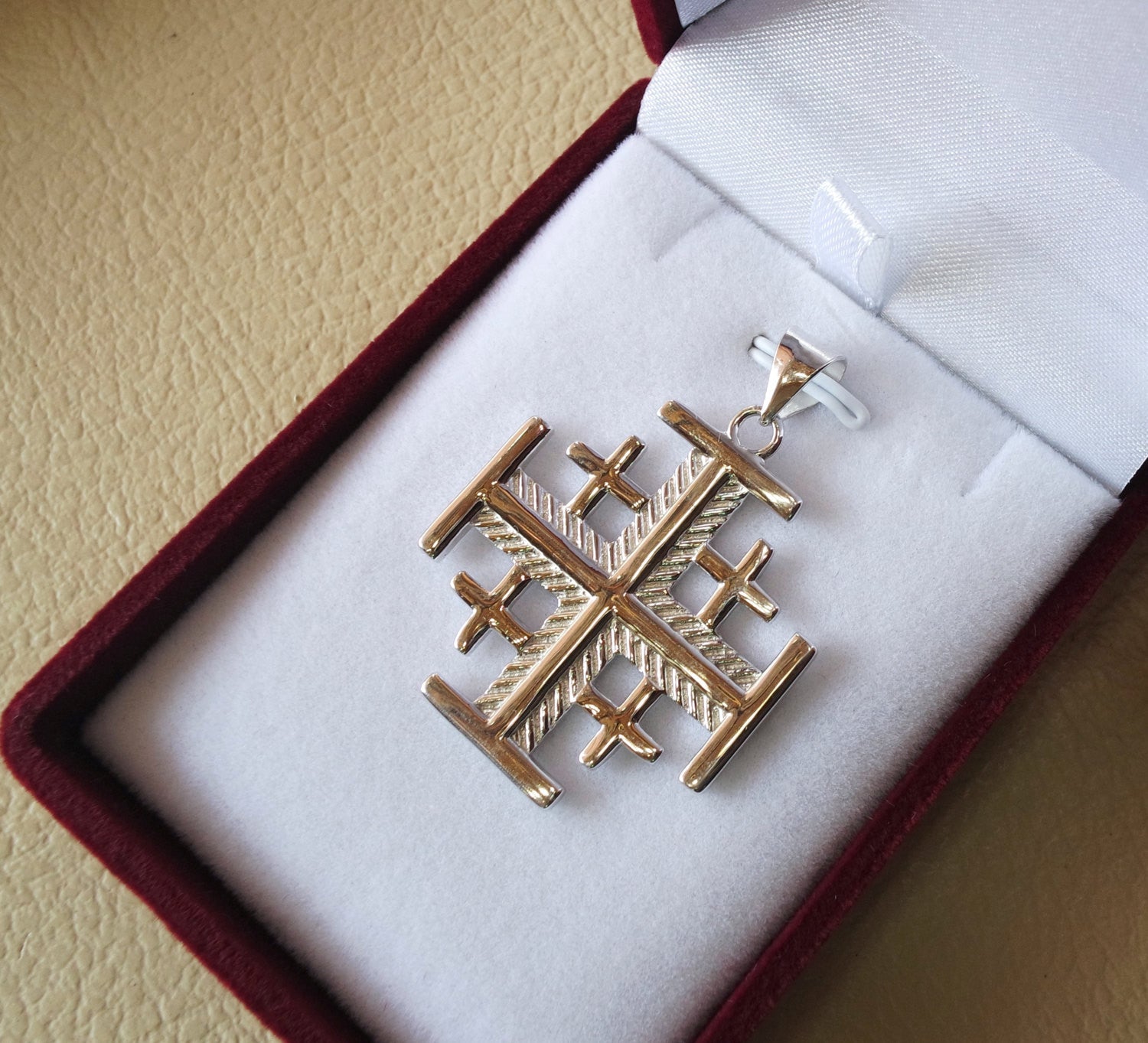 Jerusalem cross pendant sterling silver 925 middle eastern jewelry christianity vintage handmade heavy express shipping