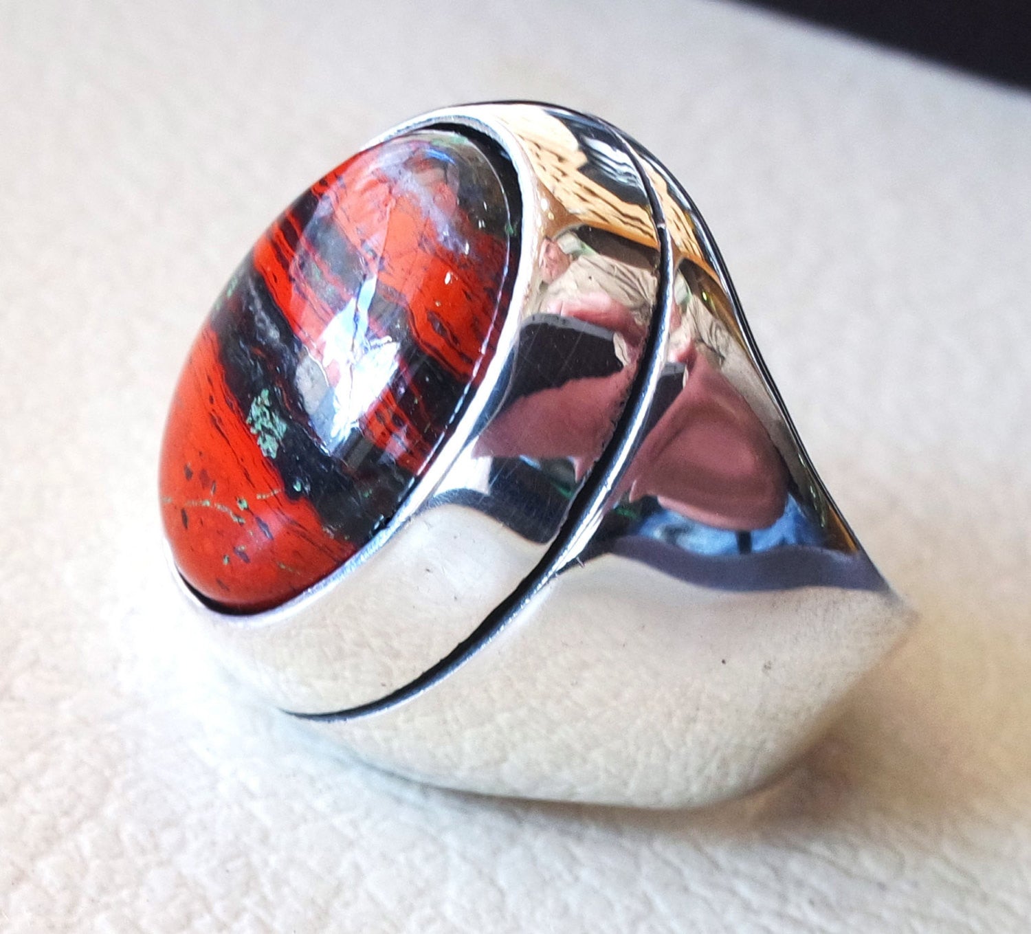 snake skin jasper stone natural gem sterling silver 925 heavy ring red and black oval semi precious cabochon man ring jewelry all sizes