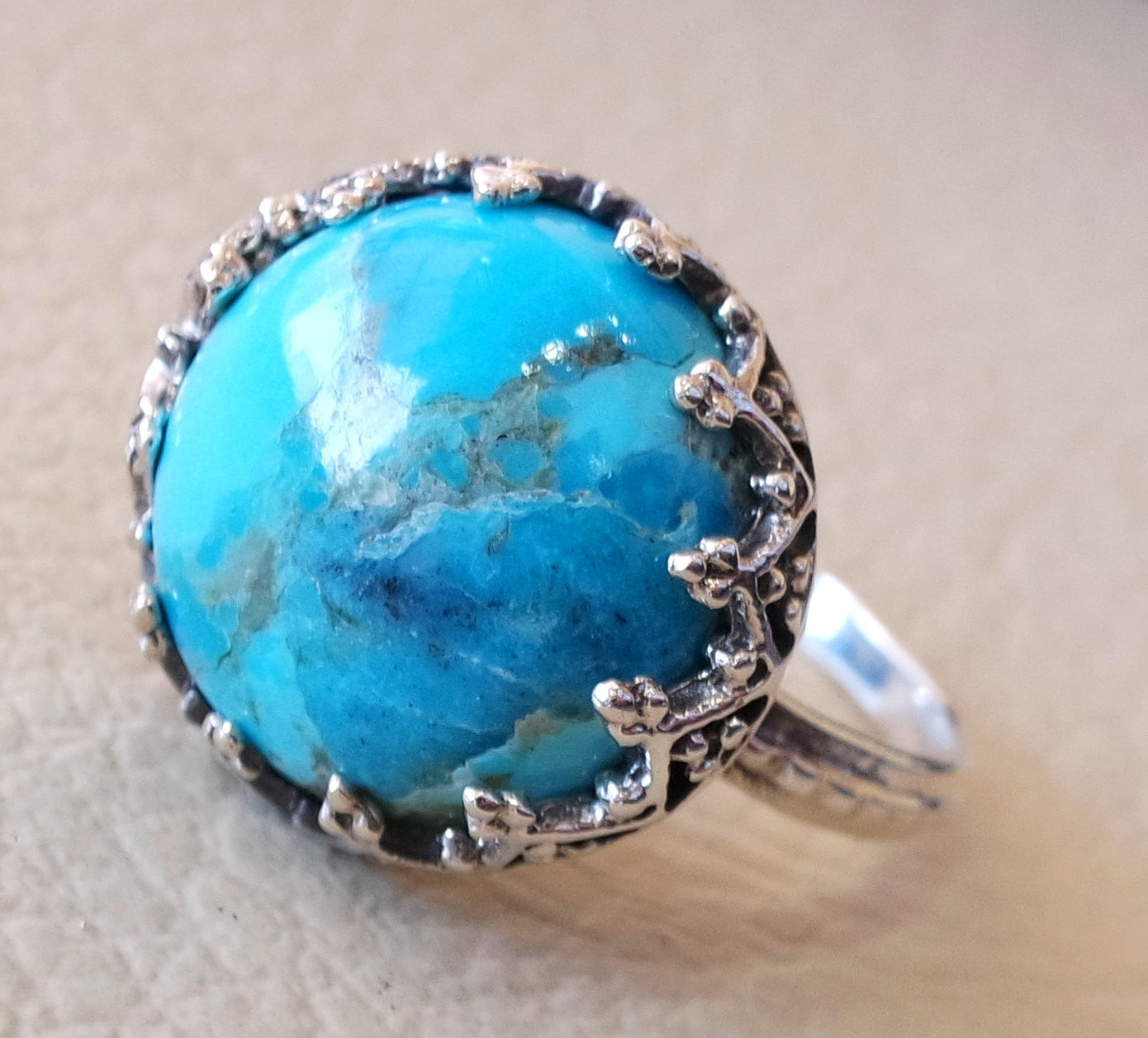 Natural Arizona turquoise highest quality  women ladies round ring sterling silver 925  blue color stone all sizes filigree style jewelry