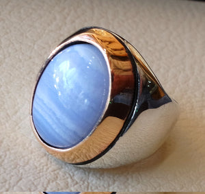 blue lace agate natural stone silver 925 huge men ring arabic turkish ottoman antique style man jewelry oval cabochon in bronze frame