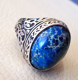 blue men ring sea sediment jasper multi color black grey stone all sizes natural semi precious sterling silver 925 man antique jewelry