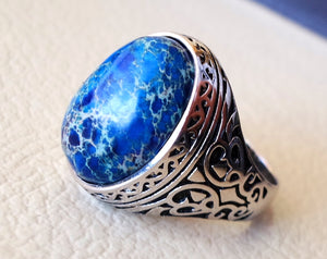 blue men ring sea sediment jasper multi color black grey stone all sizes natural semi precious sterling silver 925 man antique jewelry