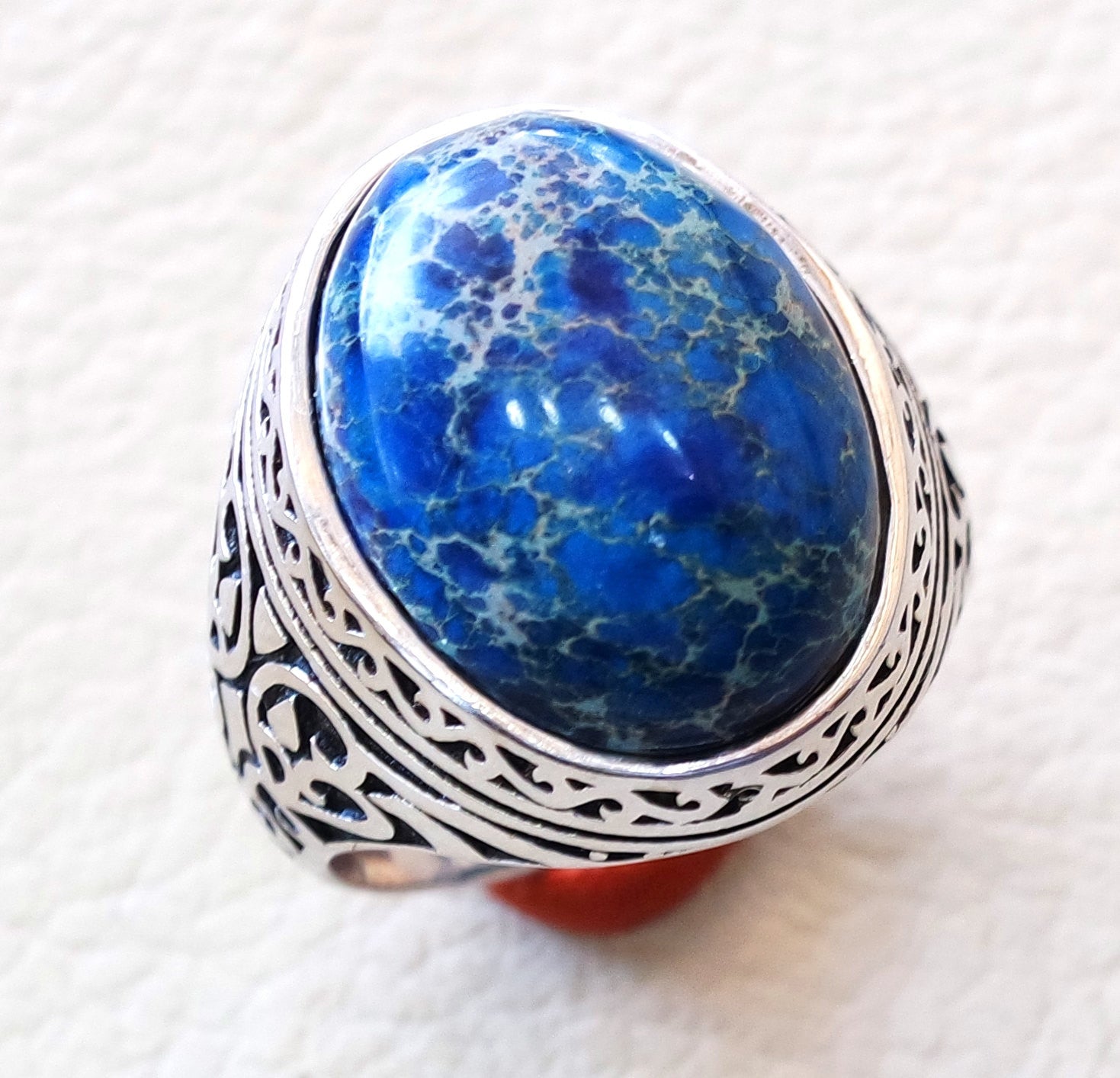 blue men ring sea sediment jasper multi color black grey stone all sizes natural semi precious sterling silver 925 man antique jewelry