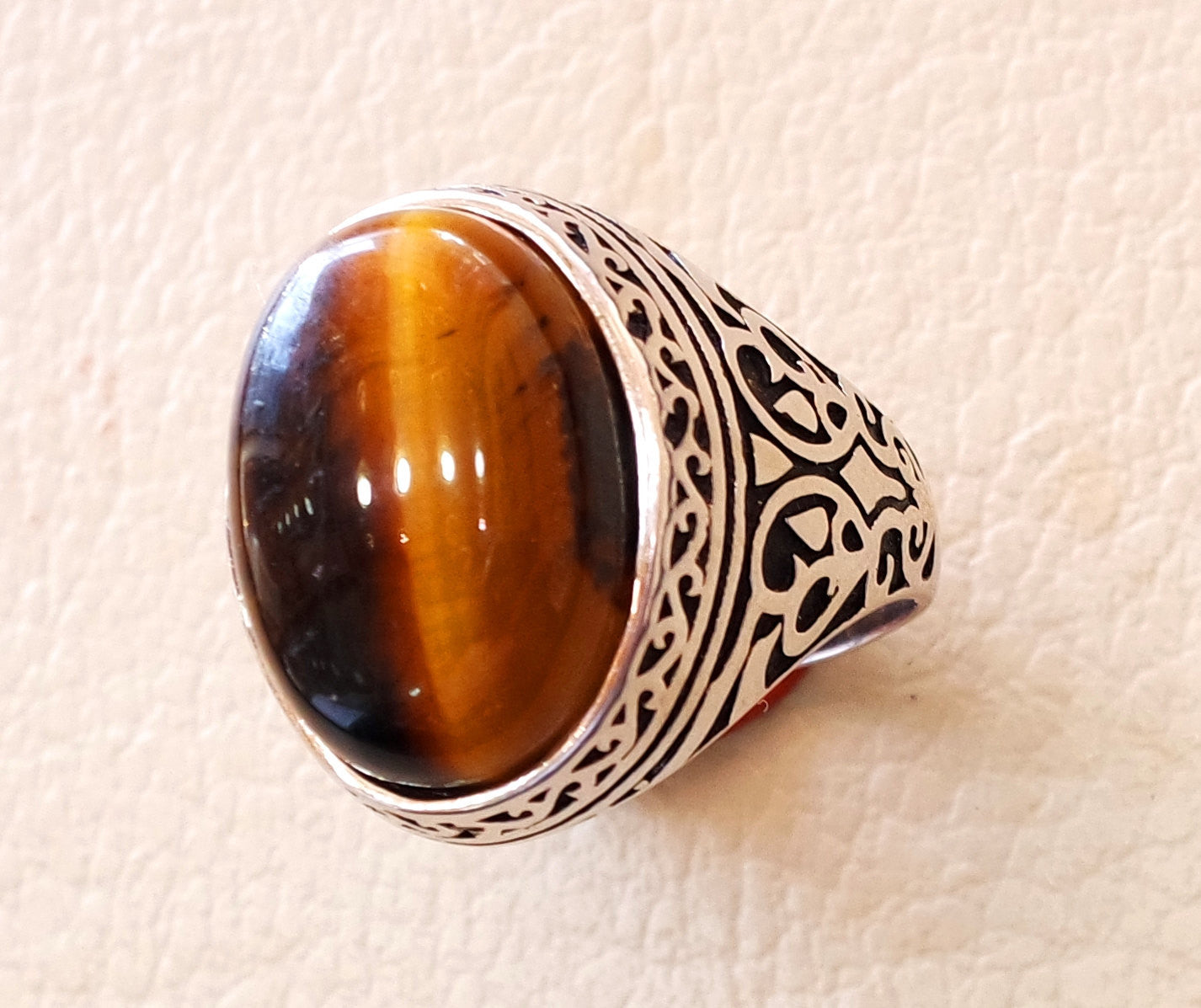 men ring sterling silver 925 cat eye tiger eye semi precious natural cabochon stone any size ottoman turkish middle eastern arabic jewelry