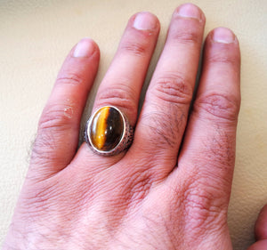 men ring sterling silver 925 cat eye tiger eye semi precious natural cabochon stone any size ottoman turkish middle eastern arabic jewelry