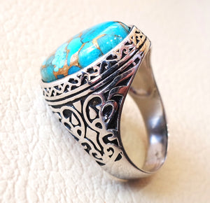 man ring copper turquoise natural stone sterling silver 925 oval cabochon semi precious gem ottoman arabic style all sizes jewelry