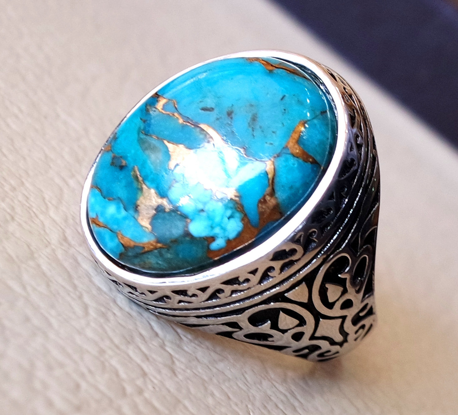 man ring copper turquoise natural stone sterling silver 925 oval cabochon semi precious gem ottoman arabic style all sizes jewelry