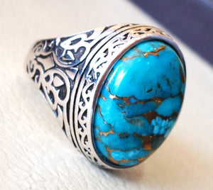 man ring copper turquoise natural stone sterling silver 925 oval cabochon semi precious gem ottoman arabic style all sizes jewelry