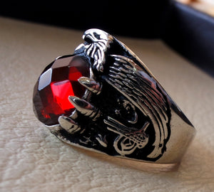 red ruby imitation oval stone arabic men ring sterling silver 925 eagle arabic ottoman symbols turkish jewelry style all sizes fast shipping