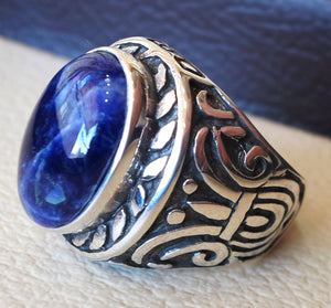 Sodalite huge natural stone dark royal blue men ring sterling silver 925 stunning genuine gem two ottoman arabic style jewelry all sizes