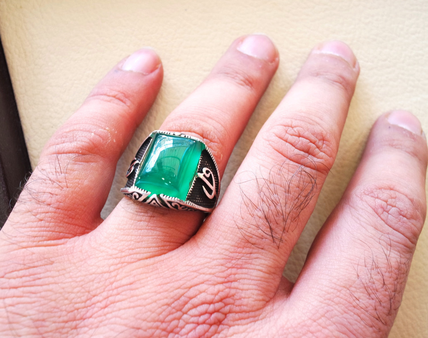 ottoman green onyx agate aqeeq sterling silver 925 antique men ring arabic waw vav jewelry any size free shipping natural  rectangular stone