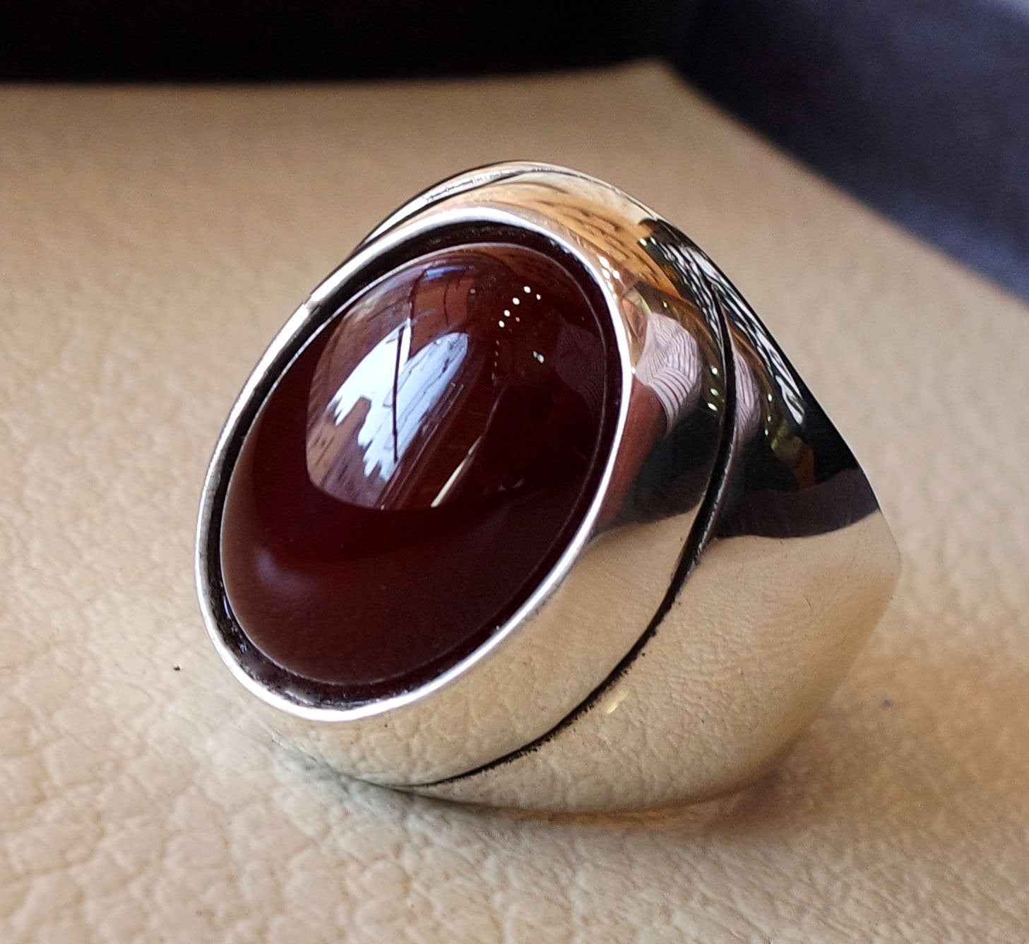 aqeeq natural liver agate carnelian semi precious stone oval red gem heavy man ring sterling silver arabic middle eastern turkey style