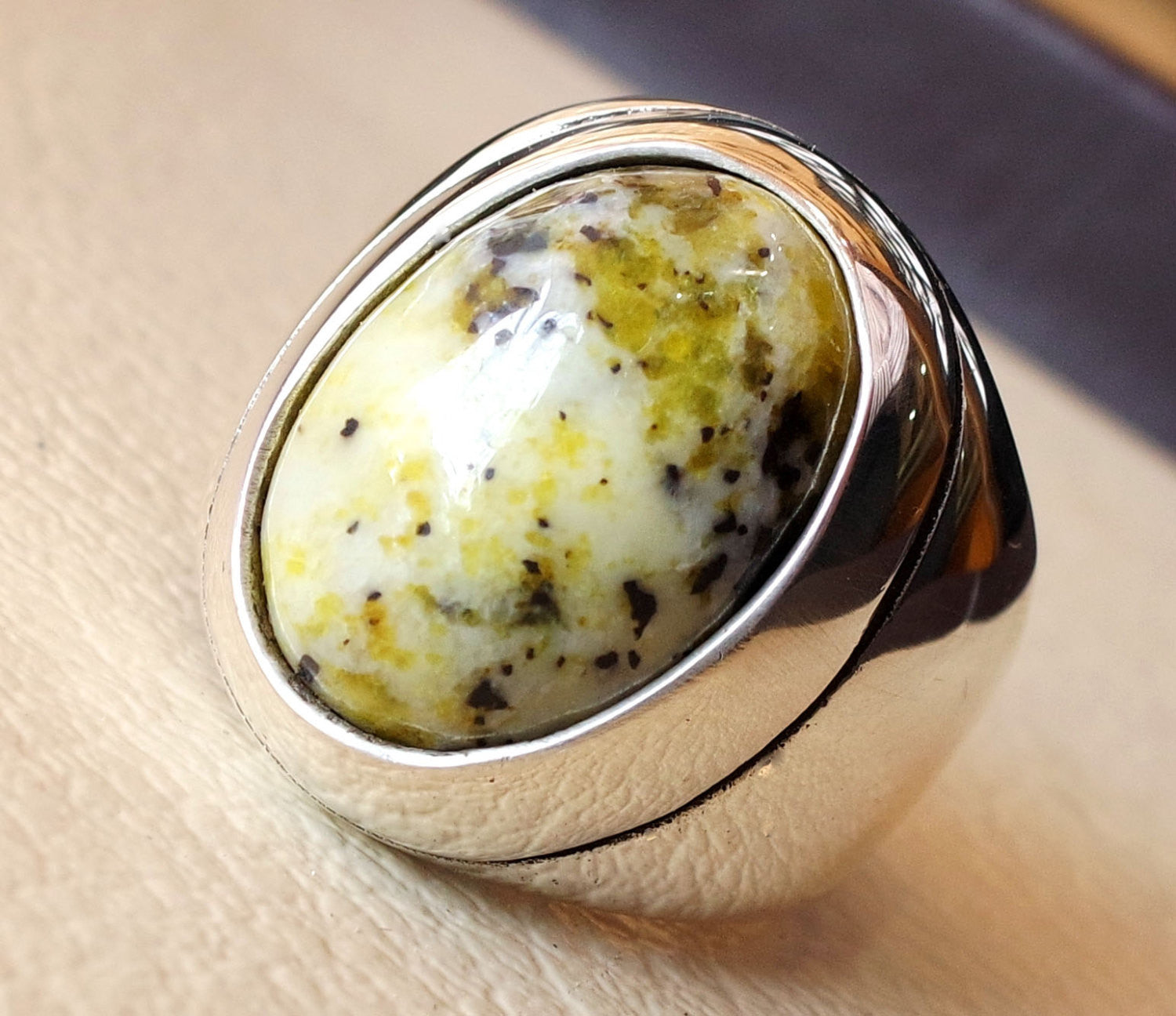 yellow dendritic grass howlite natural gem sterling silver 925 ring oval semi precious cabochon man huge ring ottoman jewelry fast shipping