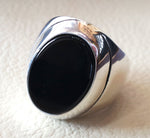 aqeeq natural agate onyx semi precious stone oval black flat heavy man ring sterling silver arabic middle eastern turkey style fast shipping