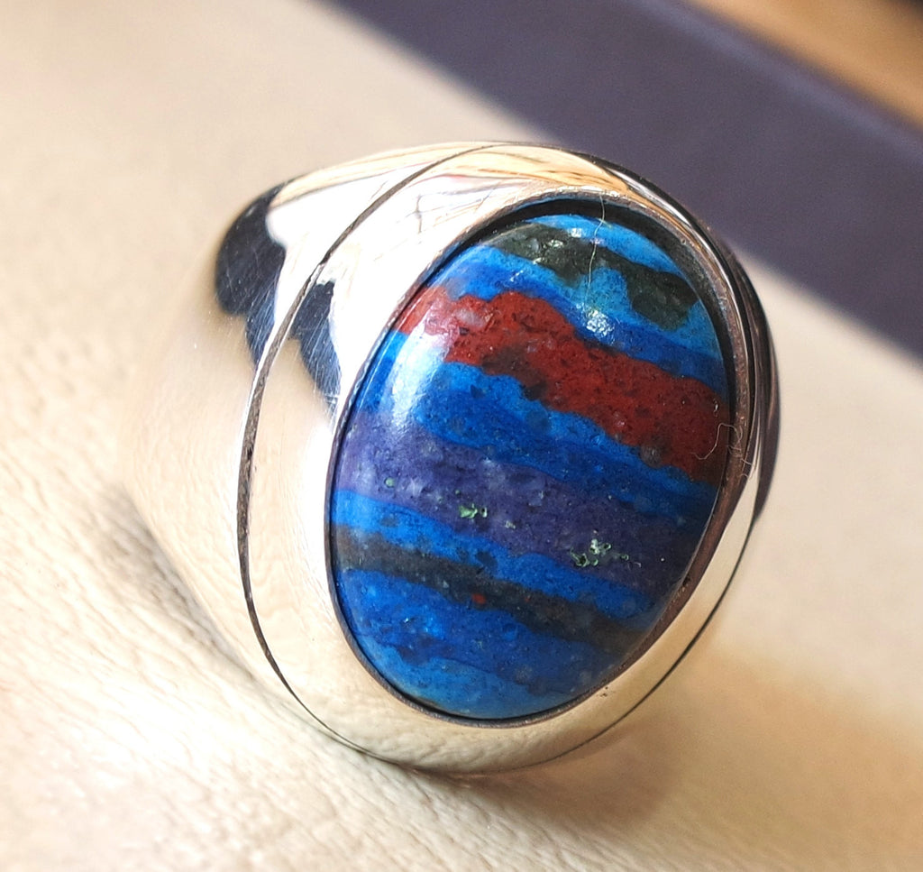 natural rainbow Calsilica colorful semi precious stone sterling silver heavy man ring any size blue red purple light dark high quality gem