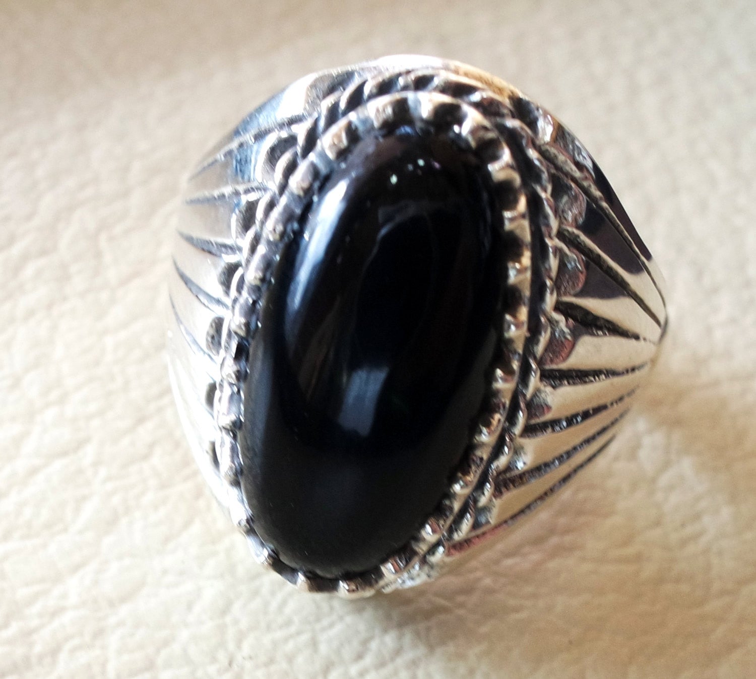 aqeeq natural agate onyx elongated oval stone black gem man heavy ring sterling silver antique ottoman turkey style fast shipping