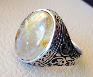 golden Rutile quartz natural stone semi precious cabochon sterling silver 925 man ring ottoman turkey middle eastern antique style any size