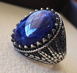Sodalite natural stone dark royal blue men wheat ring sterling silver 925 stunning genuine gem two ottoman arabic style jewelry all sizes