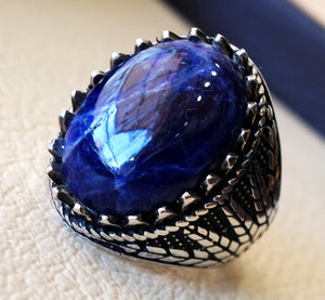 Sodalite natural stone dark royal blue men wheat ring sterling silver 925 stunning genuine gem two ottoman arabic style jewelry all sizes