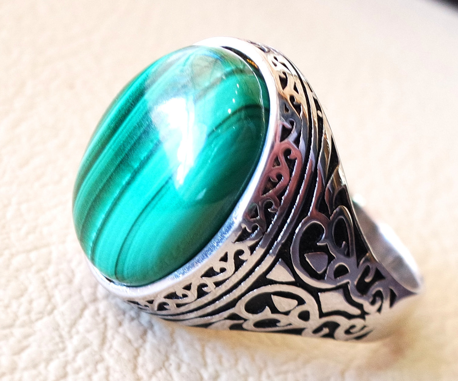 malachite big oval natural semi precious stone sterling silver man ring all sizes jewelry green cabochon antique middle eastern style