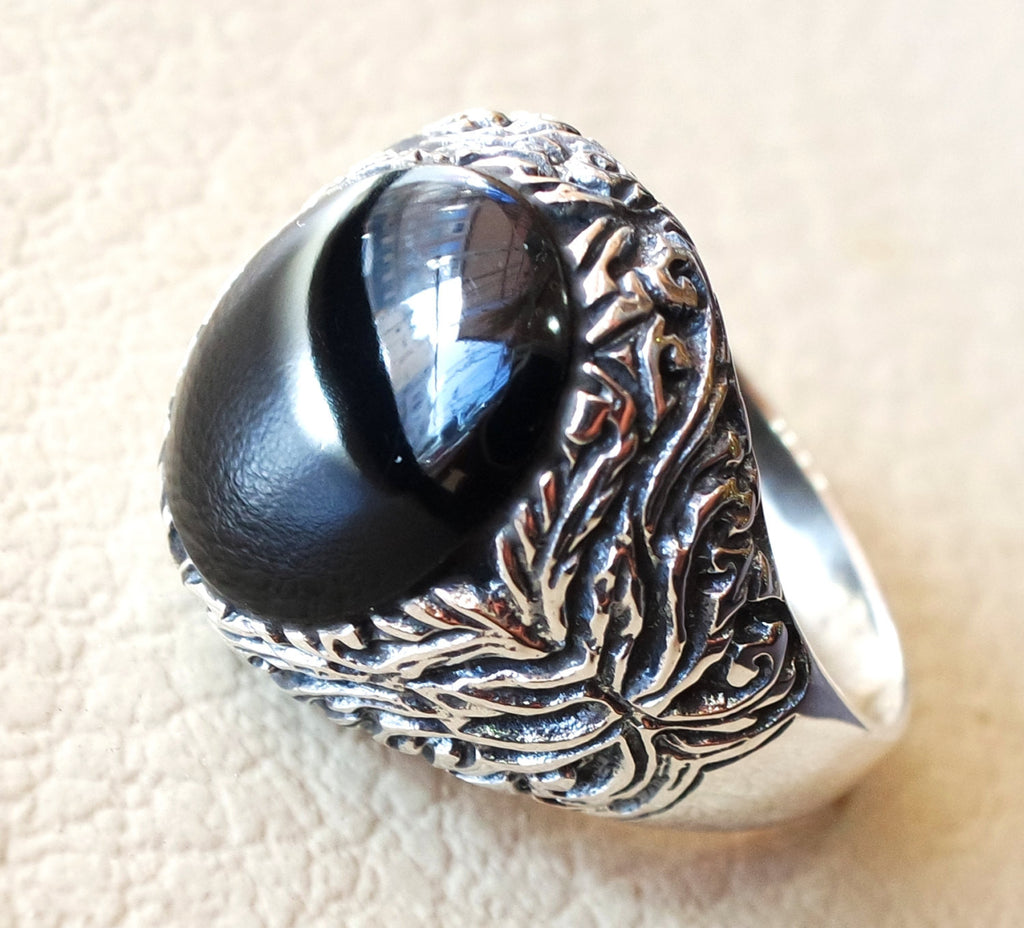 man ring aqeeq natural agate onyx oval stone black gem heavy  sterling silver antique ottoman turkey style fast shipping all sizes men gift