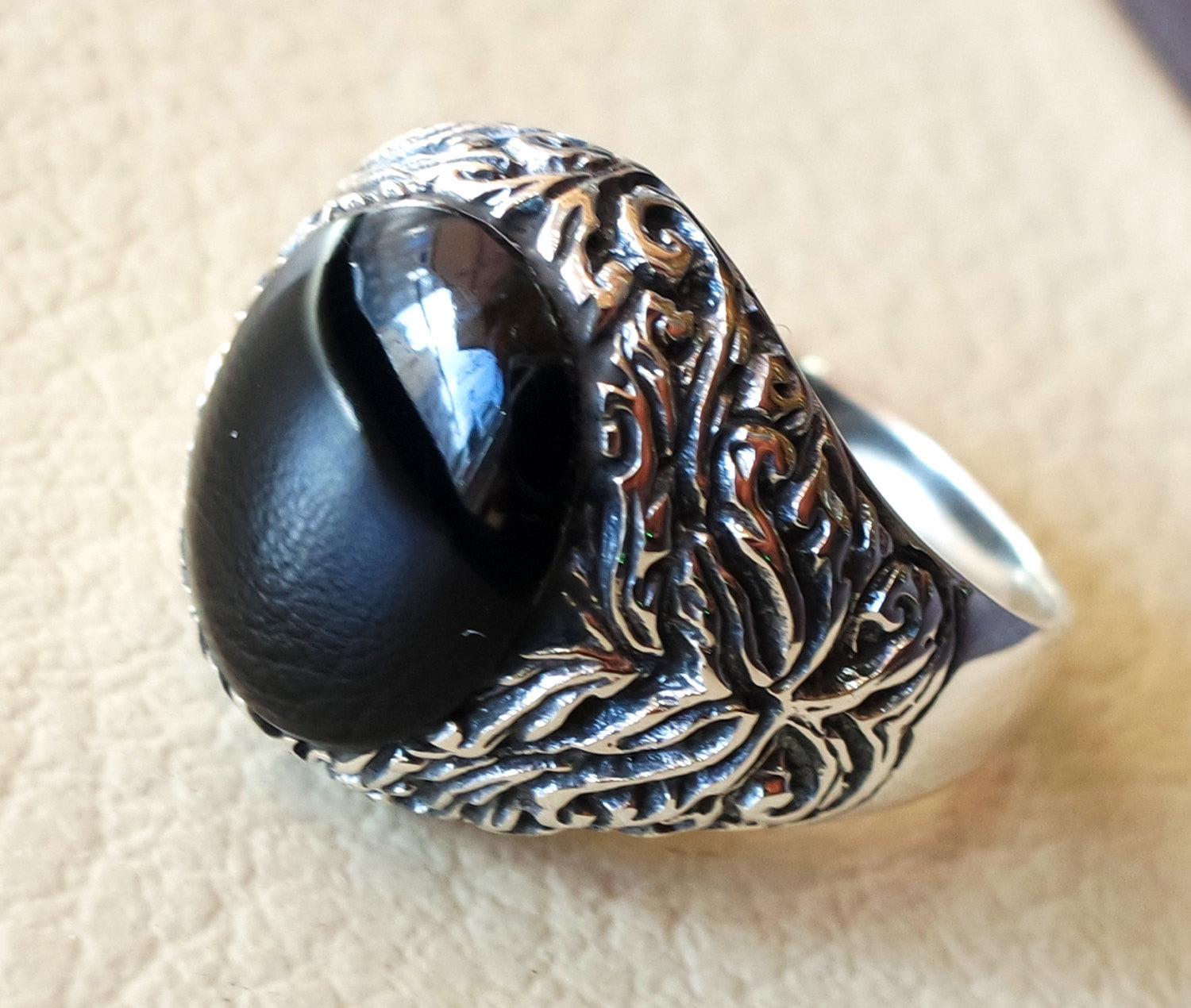 man ring aqeeq natural agate onyx oval stone black gem heavy  sterling silver antique ottoman turkey style fast shipping all sizes men gift
